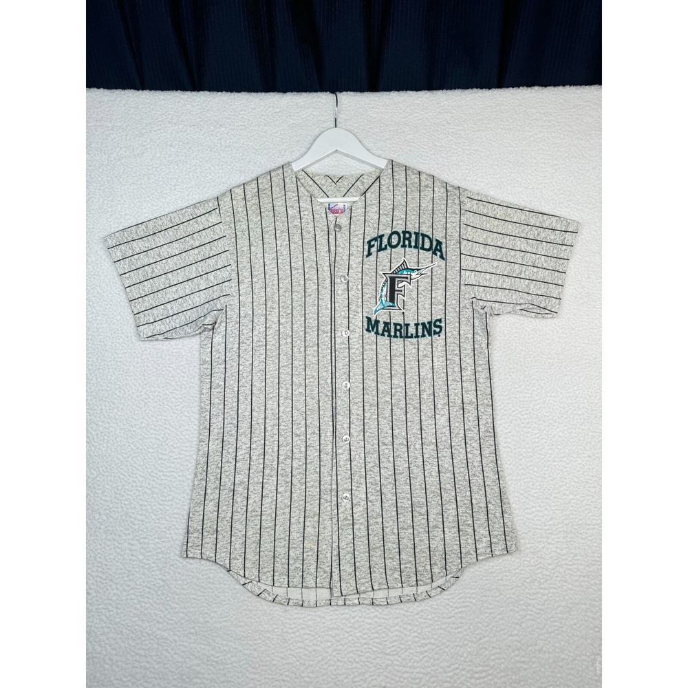 Vintage Off The Bench FLORIDA MARLINS Jersey Mens M Gray Pinstripe MLB Baseball